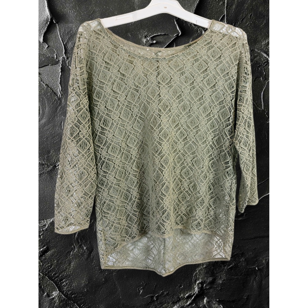 Sage Green Geometric Lace Top 3/4 Sleeve Sheer High-Low Boho Blouse